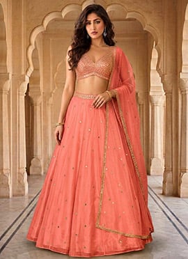 Peach Organza Zari Mirror Work Hand Embroidered Lehenga
