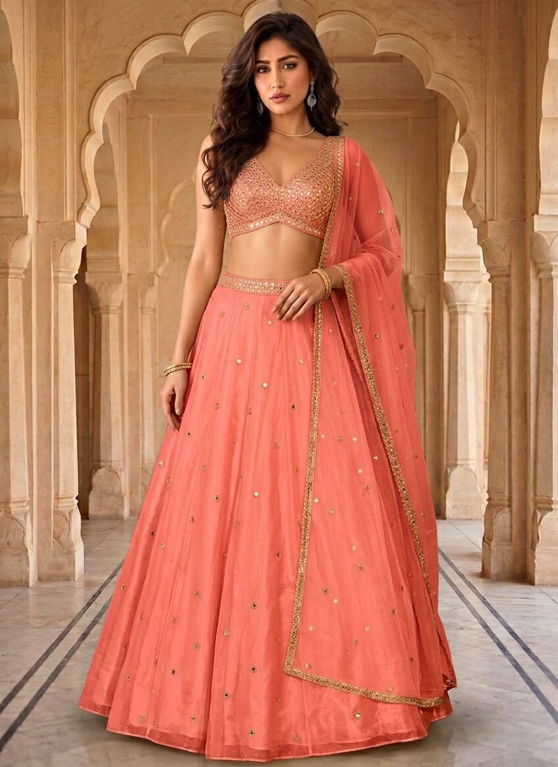 Peach Organza Zari Mirror Work Hand Embroidered Lehenga Wedding Wear