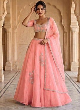 Peach Organza Zari Sequins Hand Embroidered Cut Dana Lehenga