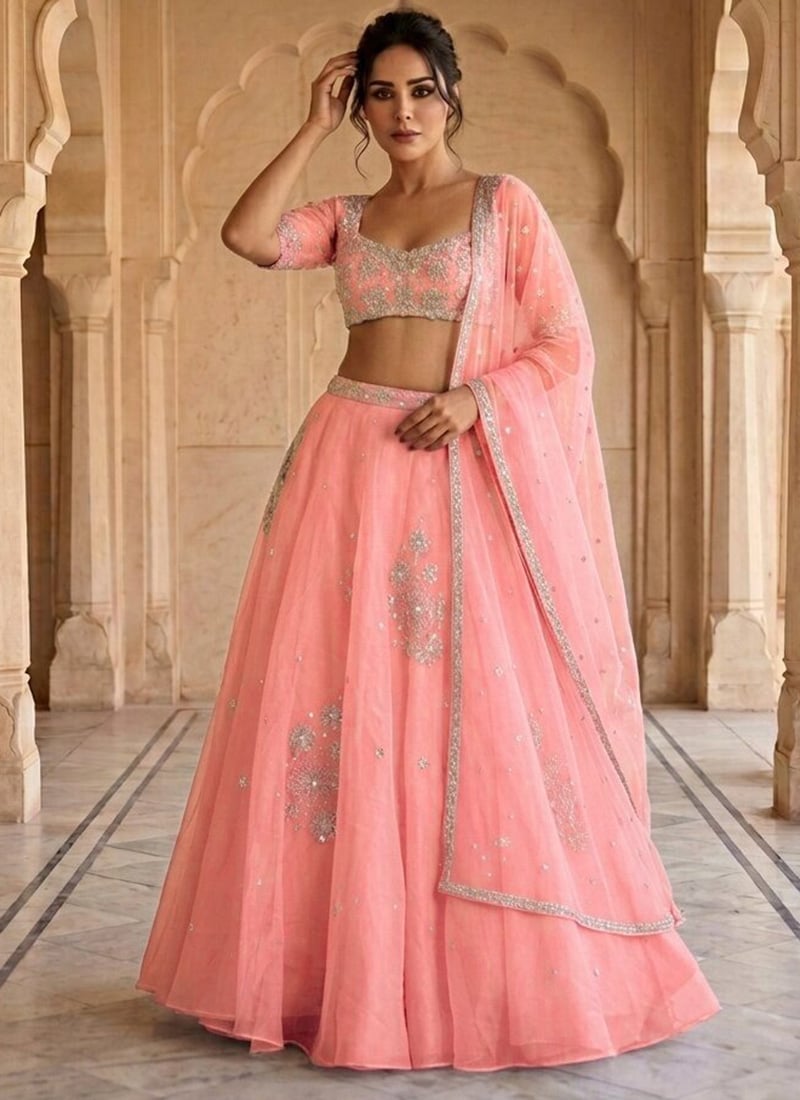 Peach Organza Zari Sequins Hand Embroidered Cut Dana Lehenga Wedding Wear