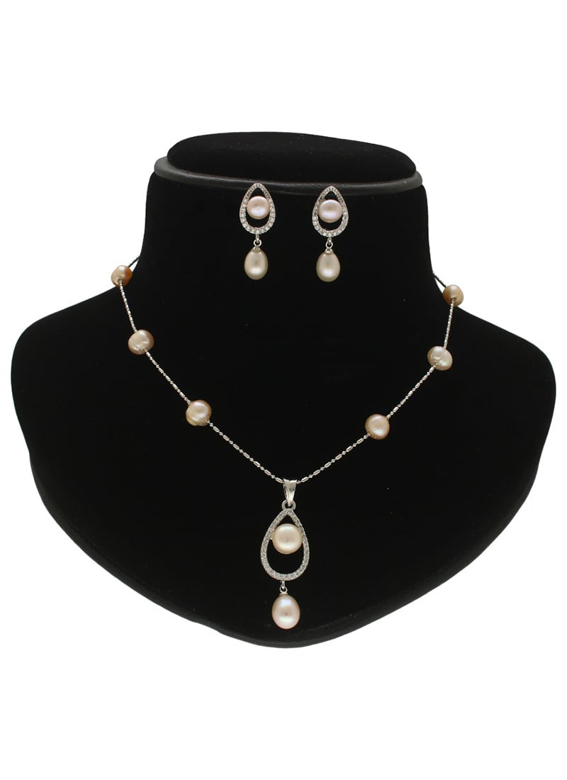 Peach Pearl Stone Pendant Set Festive Wear