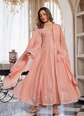 Peach Pink Chanderi Embroidered Anarkali Suit