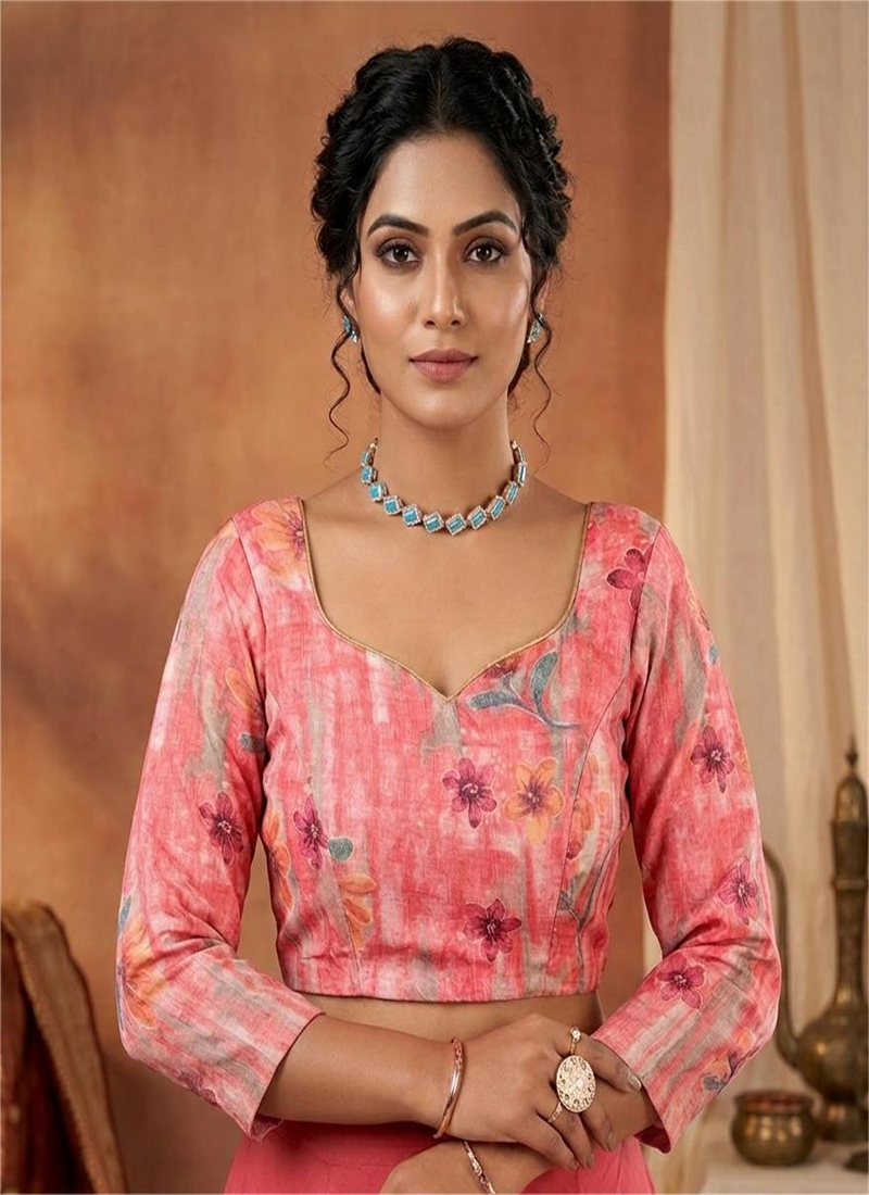 Peach Pink Floral Rayon Stretchable Blouse Festive Wear