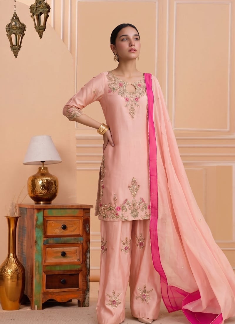 Peach Pink Sequins Embroidered Silk Palazzo Suit After Six Wear