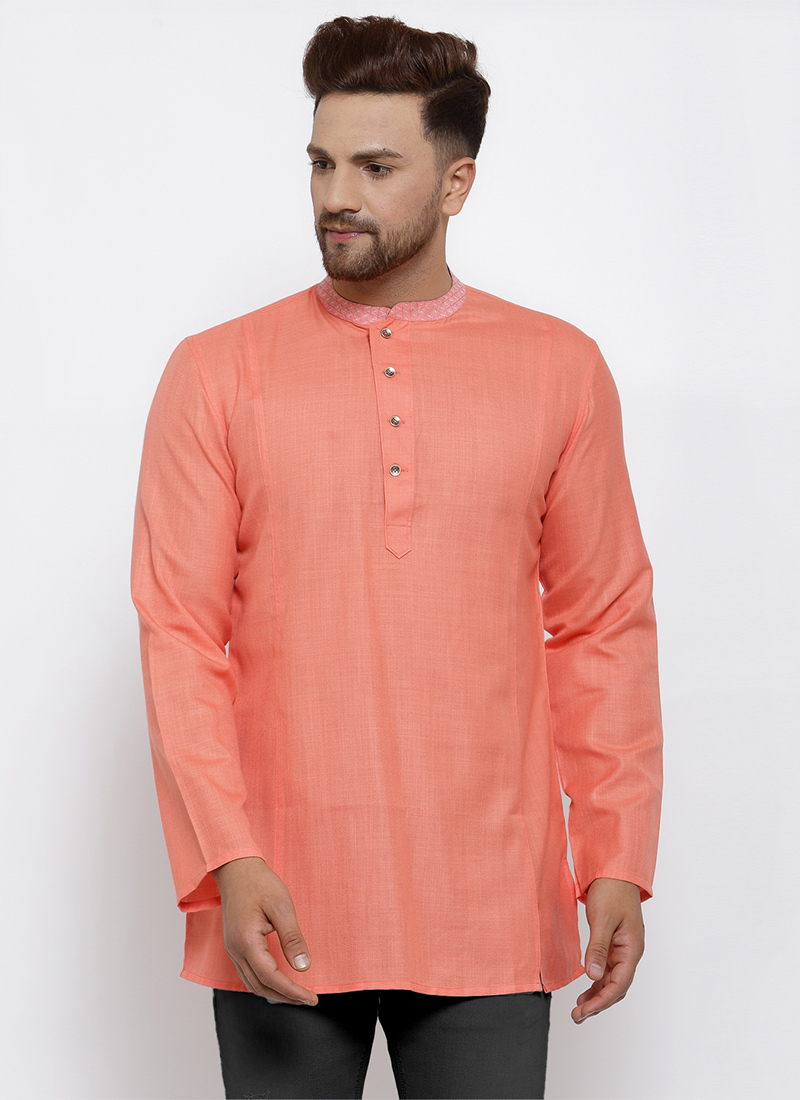 Peach Poly Cotton Embroidered Kurta