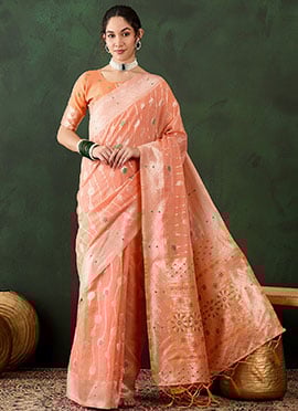 Peach Poly Cotton Zari Woven Saree