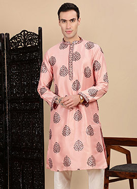 Peach Polyster Embroidered Sequins Kurta