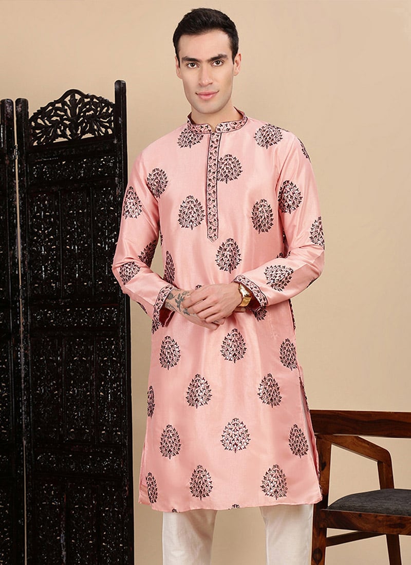 Peach Polyster Embroidered Sequins Kurta