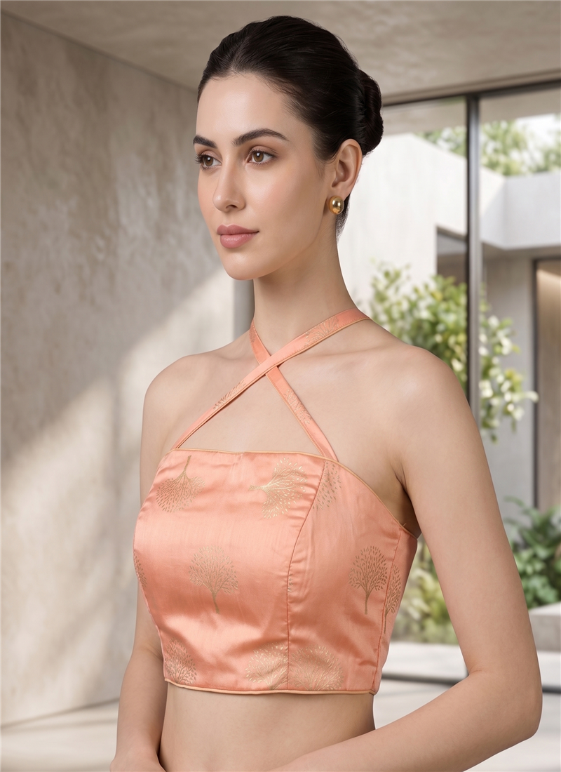 Peach Printed Silk Smocking Blouse Party Wear