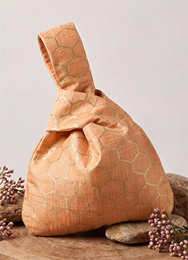 Peach Printed Taffeta Potli Bag