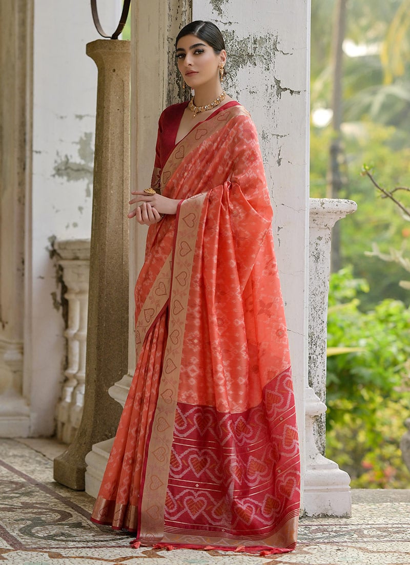 Peach Raw Silk Zari Resham Woven Ikat Print Saree Festive Wear