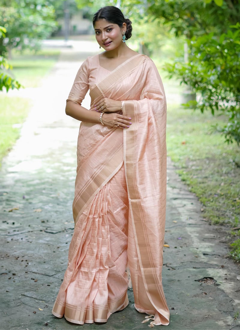 Peach Raw Silk Zari Woven Saree Festive Wear