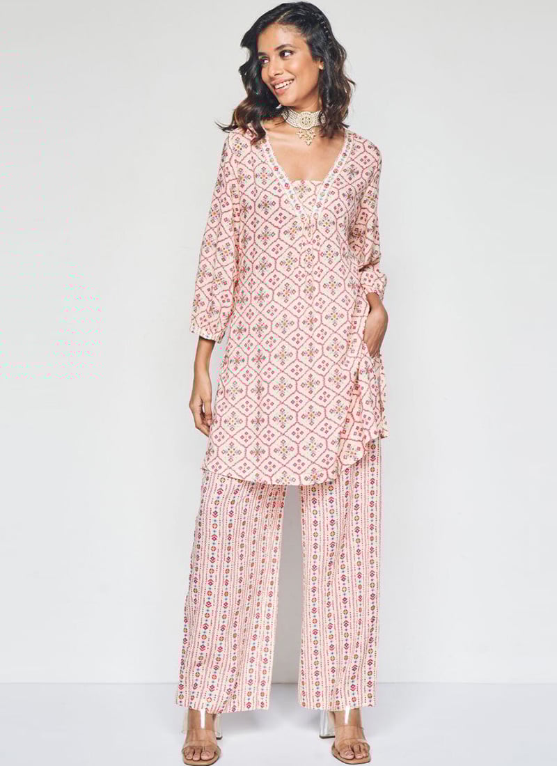 Peach Rayon Digital Print Indowestern Co ord Sets