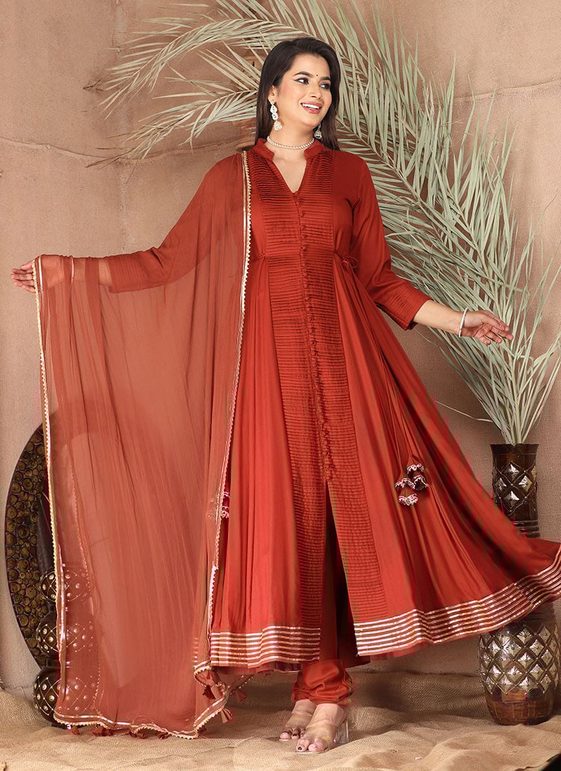 Peach Rayon Gota Lace Work Anarkali Suit After Six Wear