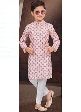 Peach Rayon Printed  Embroidered Sequins Kids Boys Kurta Pyjama