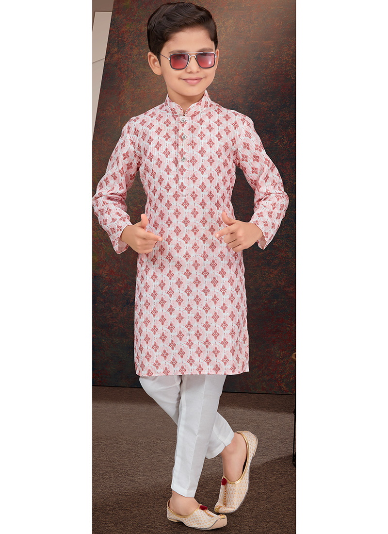 Peach Rayon Printed Embroidered Sequins Kids Boys Kurta Pyjama Festive Wear