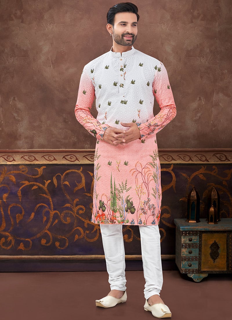 Peach Rayon Thread Digital Print Kurta Pyjama Festive Wear