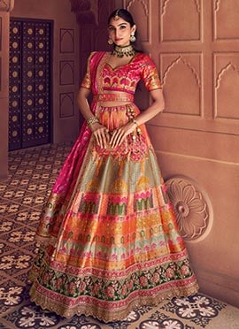 Peach Resham Zari Stones Silk Umbrella Lehenga