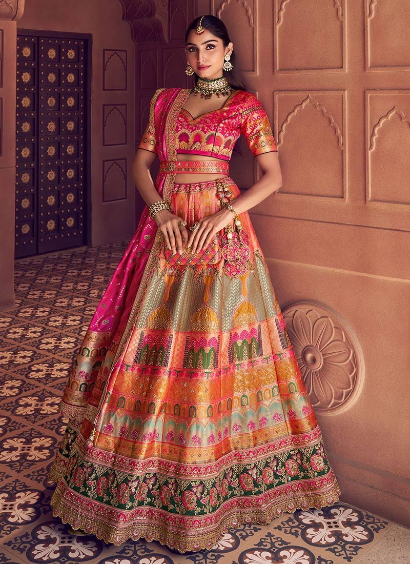 Peach Resham Zari Stones Silk Umbrella Lehenga Wedding Wear