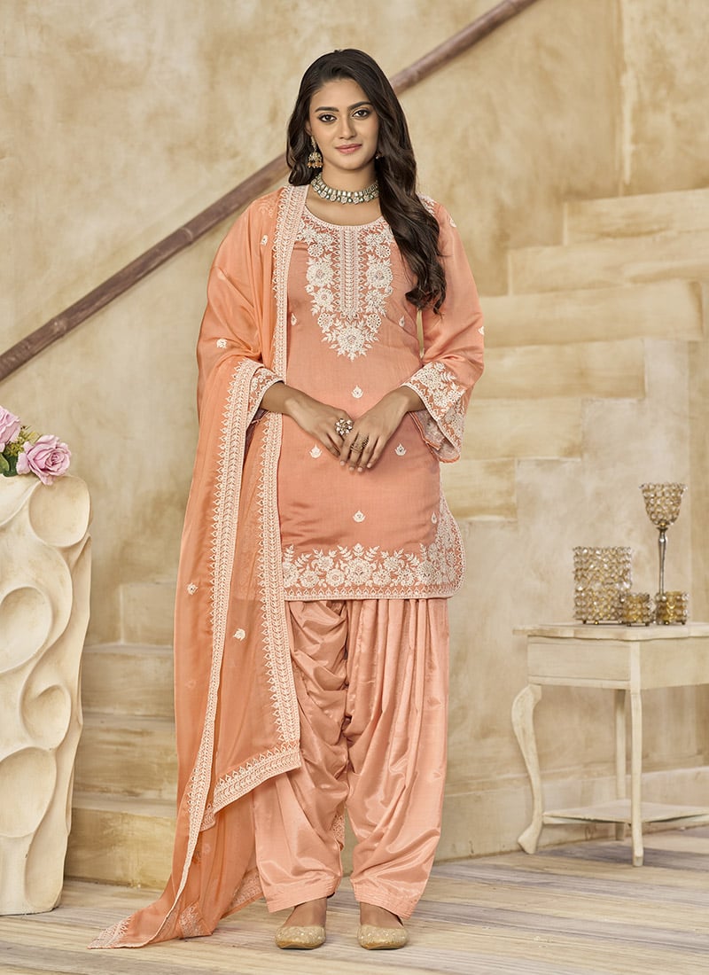 Peach Roman Silk Embroidered Sequins Salwar Suit
