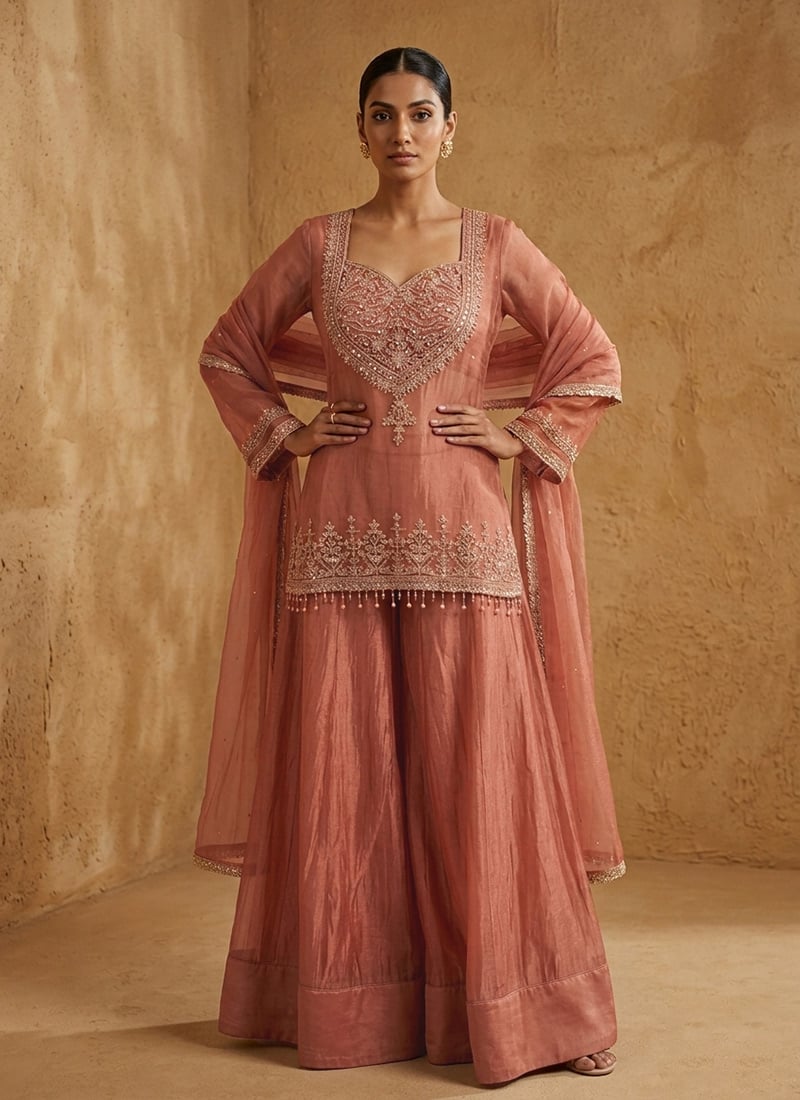 Peach Rose Silk Gold Crush Zari Sequins Embroidered Kurta Palazzo Set Festive Wear