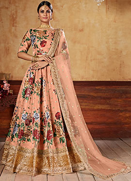Peach Satin Blend Umbrella Lehenga