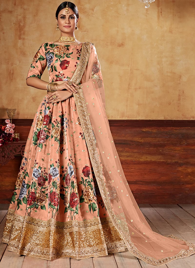 Peach Satin Blend Umbrella Lehenga Party Wear