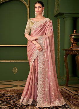 Peach Satin Georgette Silk Zari Embroidered Sequins Saree