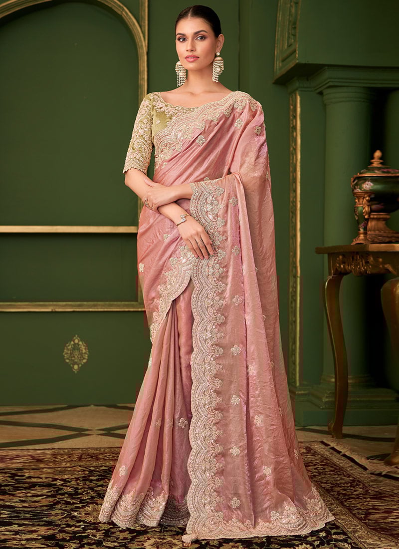Peach Satin Georgette Silk Zari Embroidered Sequins Saree Wedding Wear