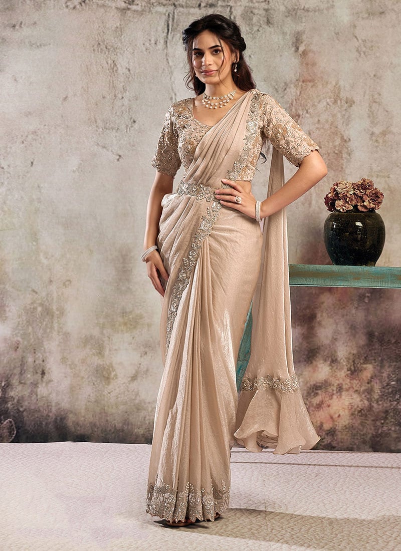 Peach Satin Hand Embroidered Sequins With Beads Work Strap Neck Pre Draped Saree Wedding Wear