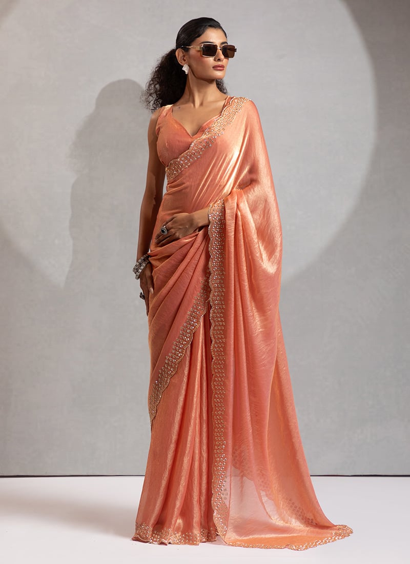 Peach Satin Silk Hand Embroidered Zari Saree