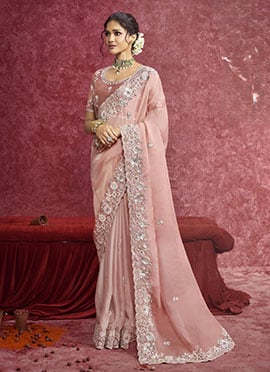 Peach Satin Silk Zari Embroidered Sequins Resham Saree