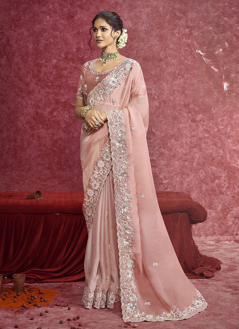 Peach Satin Silk Zari Embroidered Sequins Resham Saree