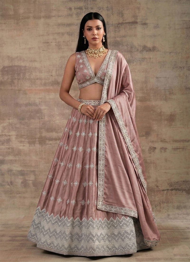 Peach Satin Silk Zari Sequins Lehenga Wedding Wear