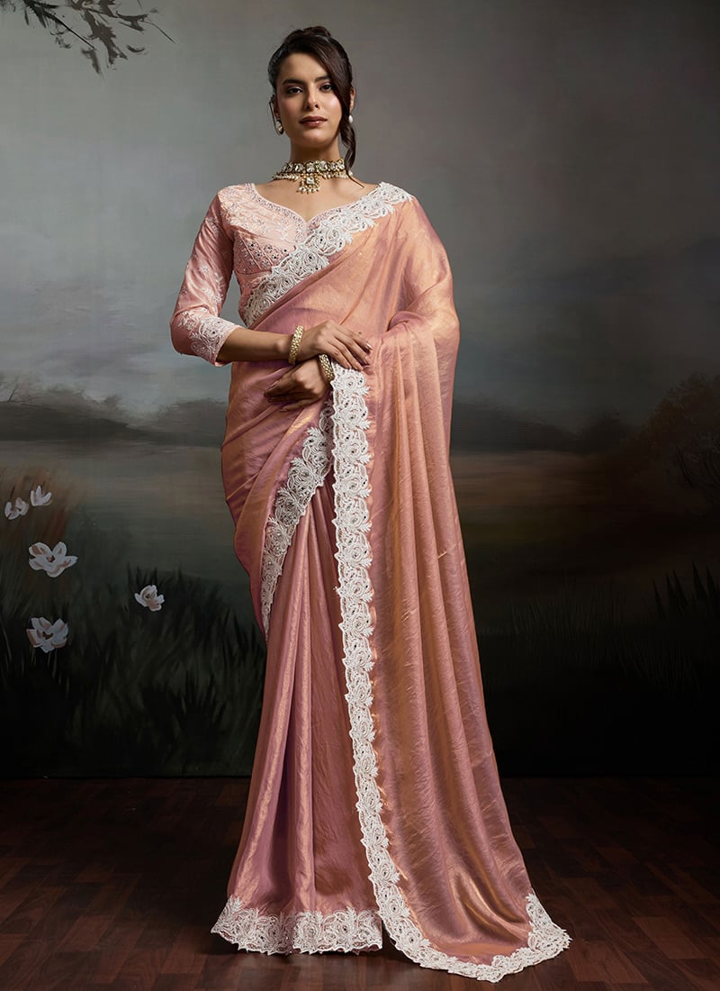 Peach Satin Velvet Silk Zarkan Embroidered With Mirror Work Border Saree After Six Wear