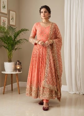 Peach Sequins Embroidered Georgette Anarkali Suit