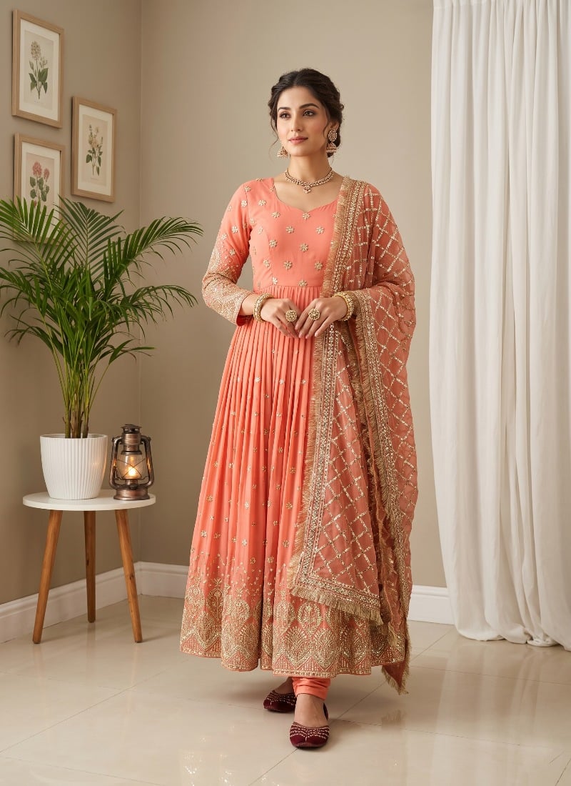 Peach Sequins Embroidered Georgette Anarkali Suit After Six Wear