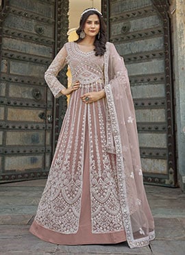 Peach Shantoon Stones Embroidered A Line Lehenga