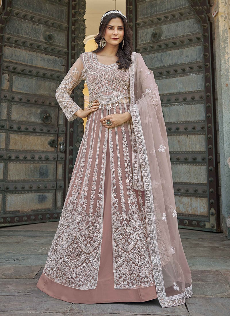 Peach Shantoon Stones Embroidered A Line Lehenga Wedding Wear