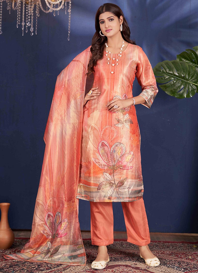 Peach Shimmer Hand Work Digital Work Straight Pant Suit After Six Wear
