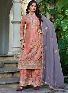 Peach Shimmer Sequins Palazzo Suit