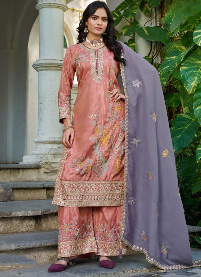 Peach Shimmer Sequins Palazzo Suit Festive Wear