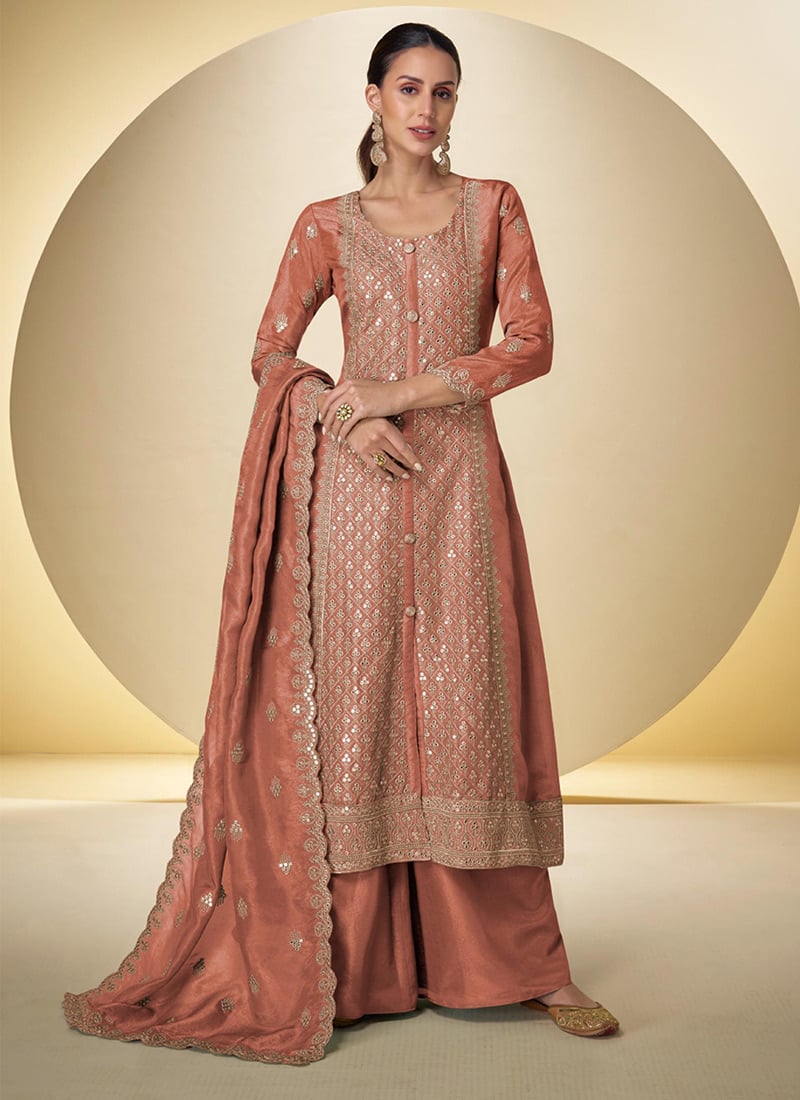 Peach Shimmer Silk Embroidered Sequins High Slit Palazzo Suit Festive Wear