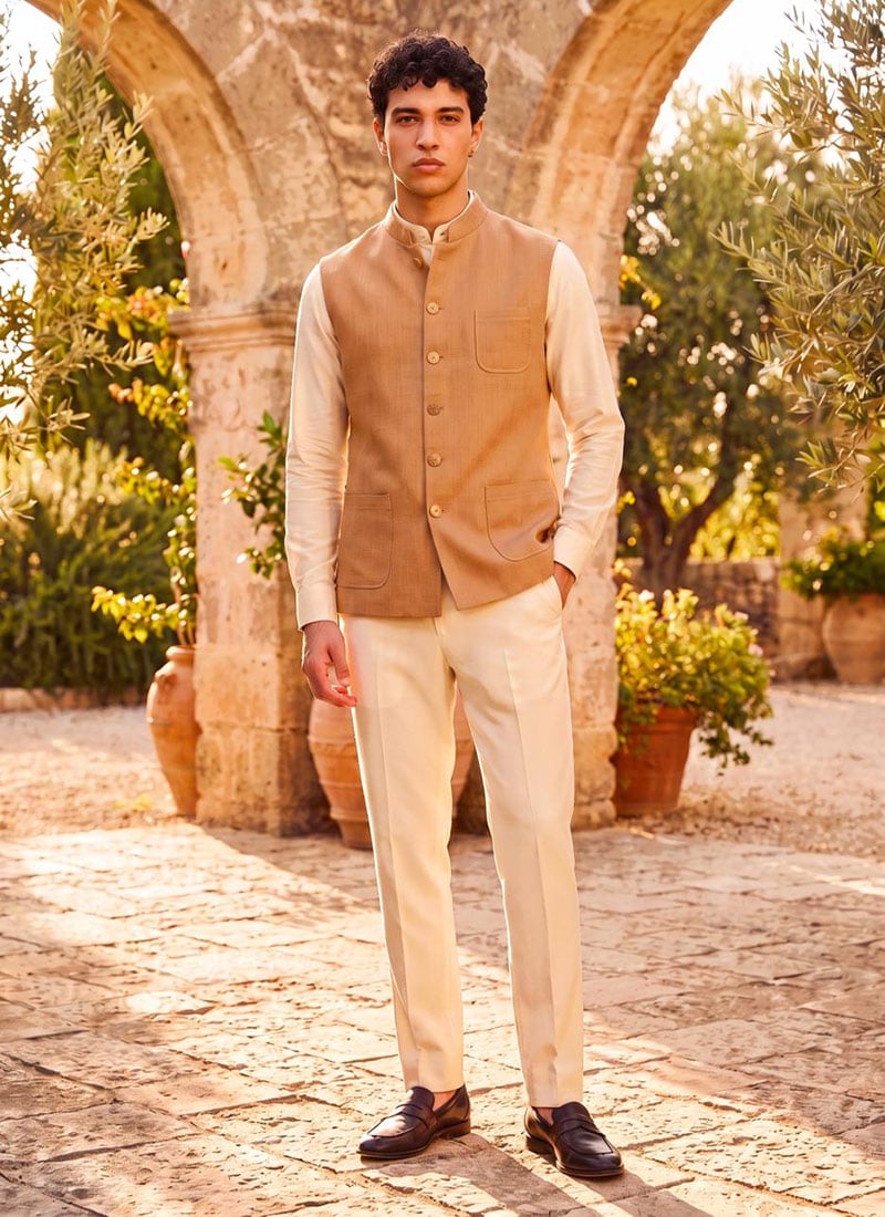 Peach Silk Bandhgala Jacket For Men