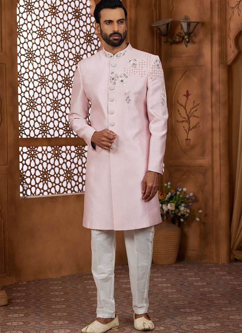 Peach Silk Beads And Cutdana Hand Work Indowestern Sherwani Wedding Wear