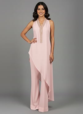 Peach Silk Beads Hand Embroidered Sequins Indowestern Palazzo Set