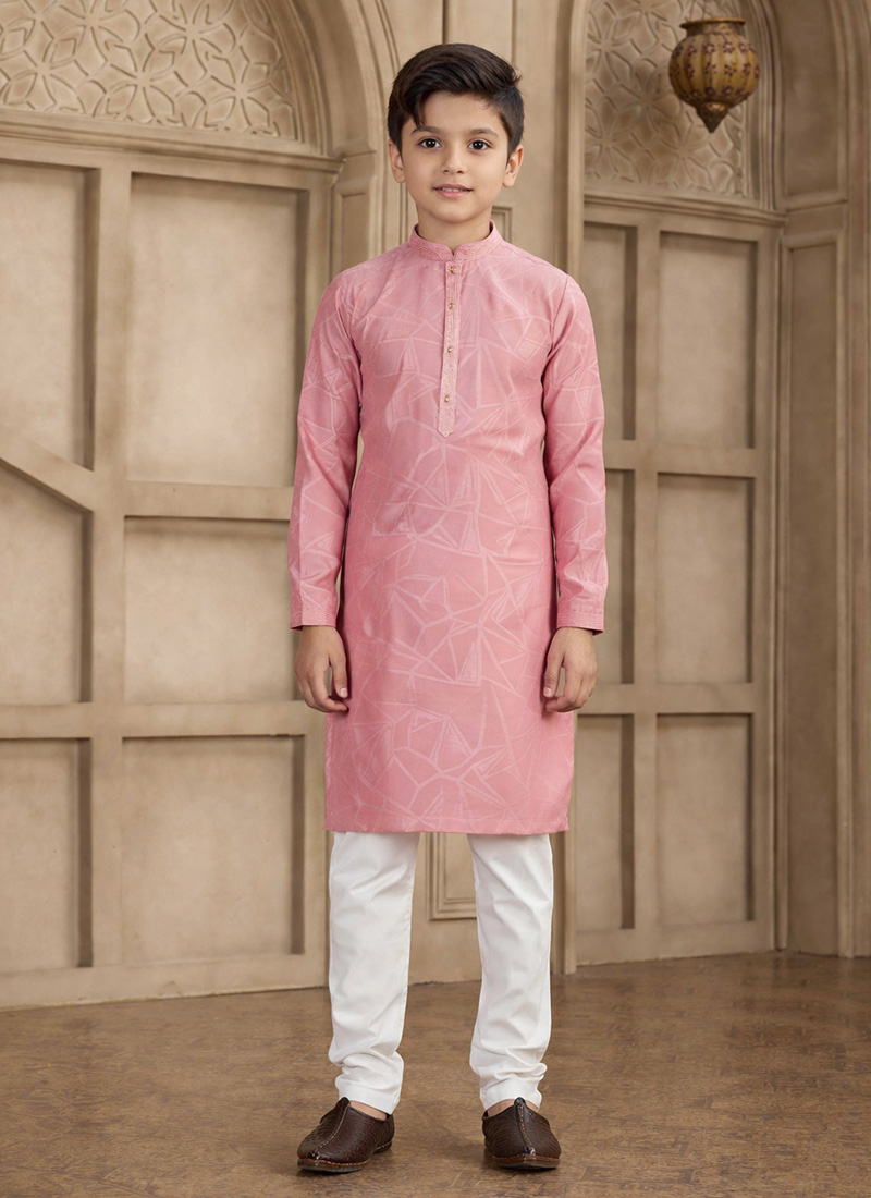 Peach Silk Brocade Kids Boys Kurta Pyjama Festive Wear