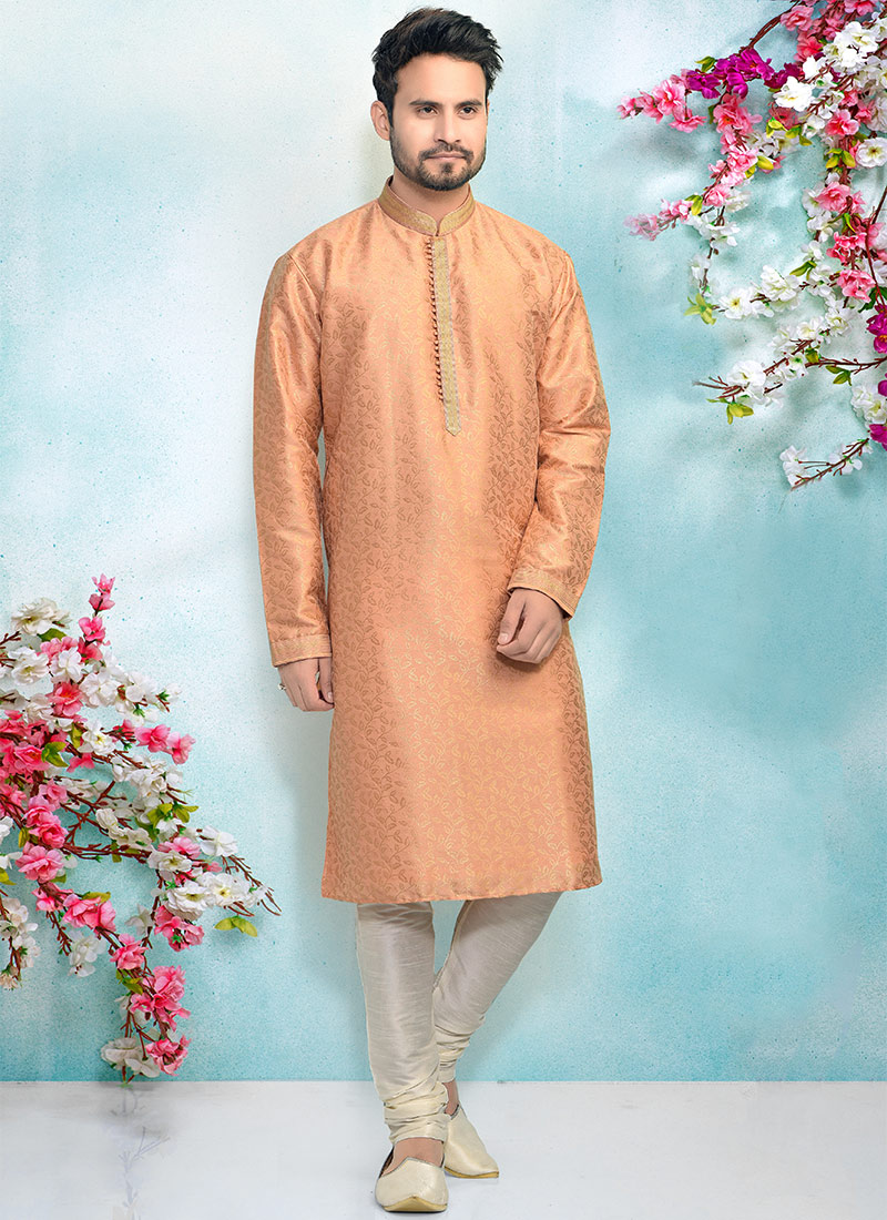 Peach Silk Brocade Kurta Pyjama Party Wear