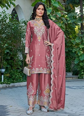 Peach Silk Chinon Embroidered Sequins Palazzo Suit