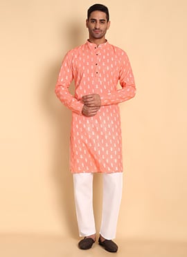 Peach Silk Cotton Printed Kurta Pyjama
